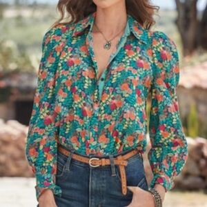 Sundance Rosie Vines Floral Long Puff Sleeve Shirt Size XL Feminine Spring